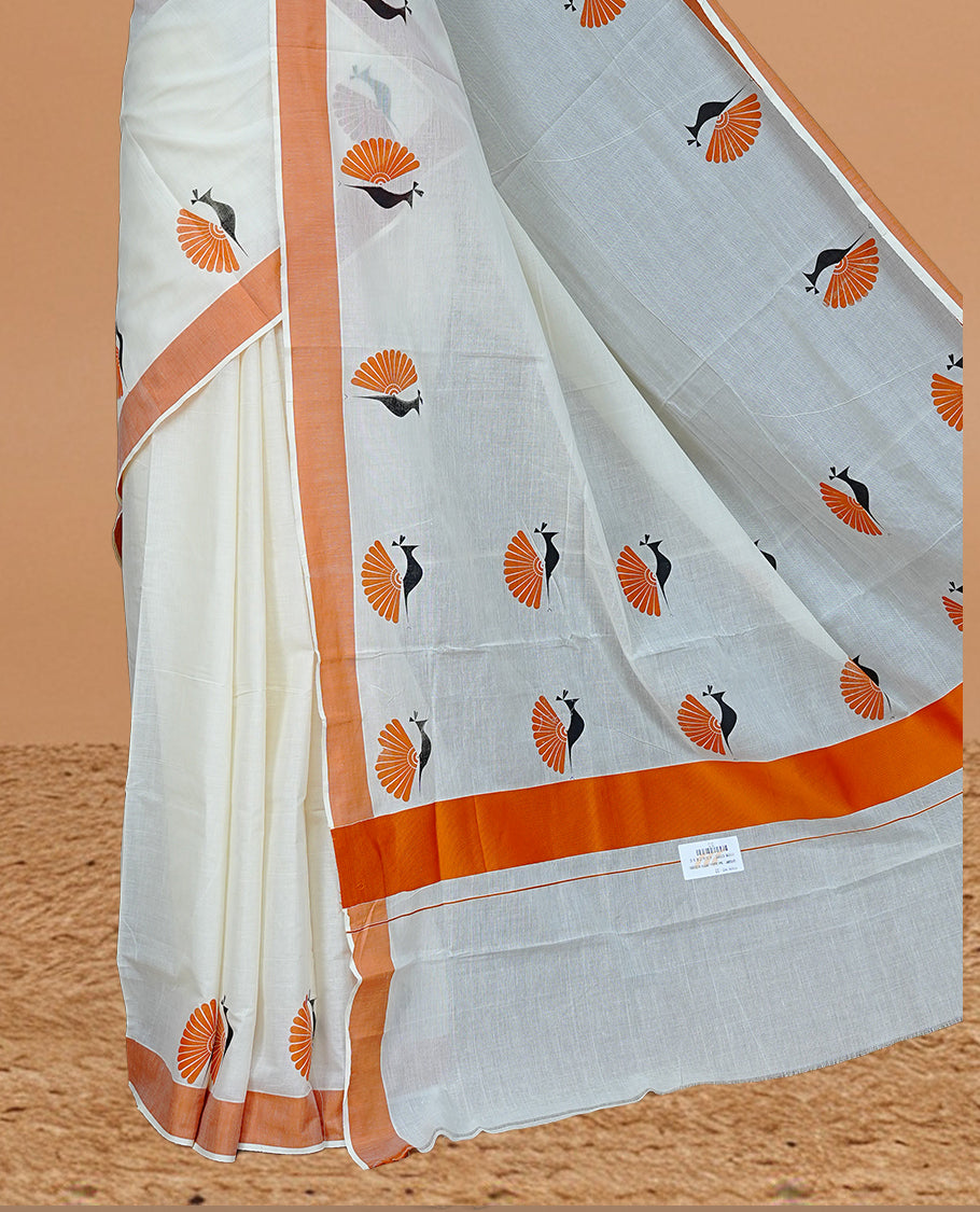 Cream colour Cotton Kerala saree Featuring Classy Plain body for Effortless Elegance, enhancing Orange with Peacock Printed border, paired with matching blouse piece.