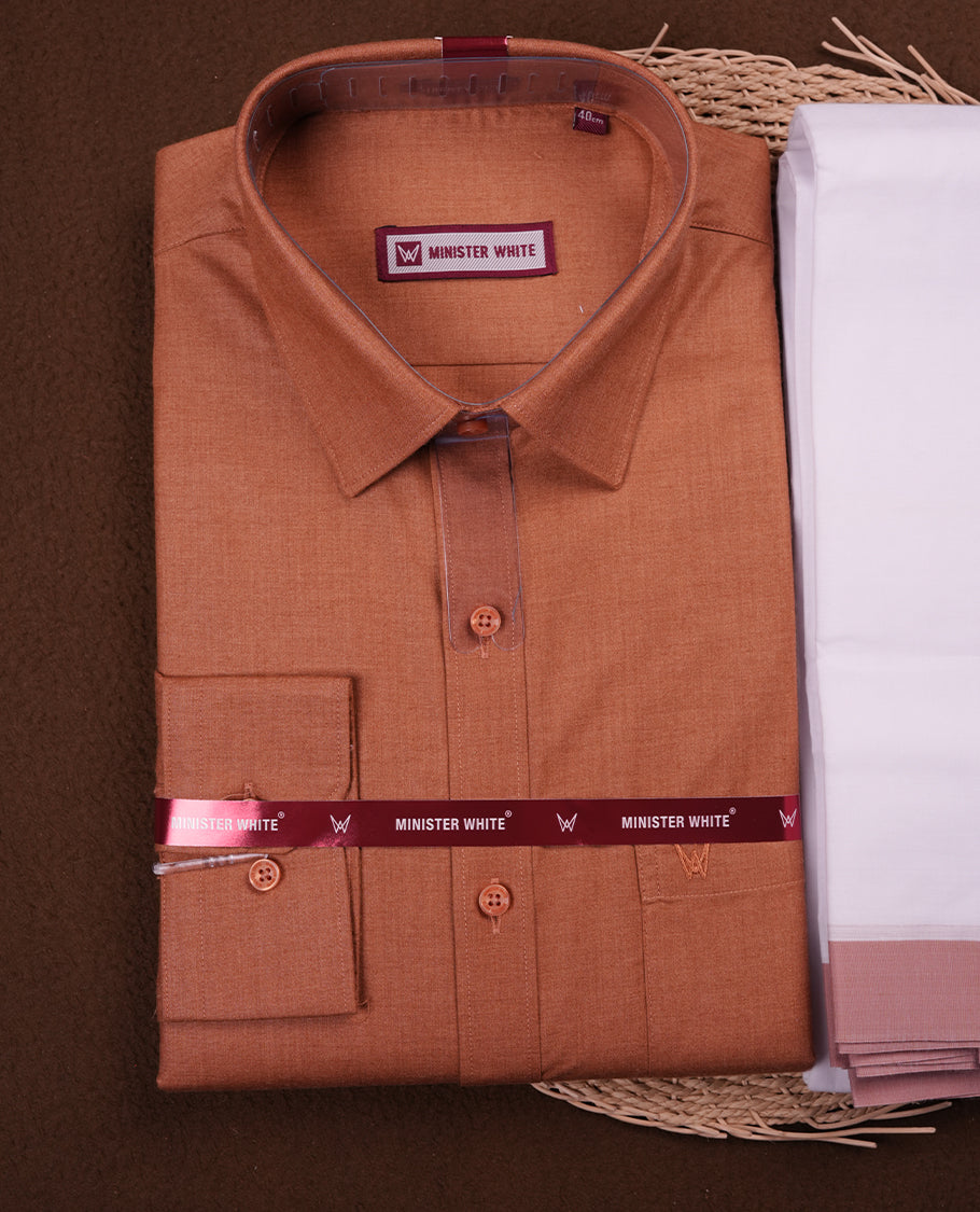 Brown Colour MINISTER WHITE shirt paired with a matching dhoti, finished with a Brown colour border.