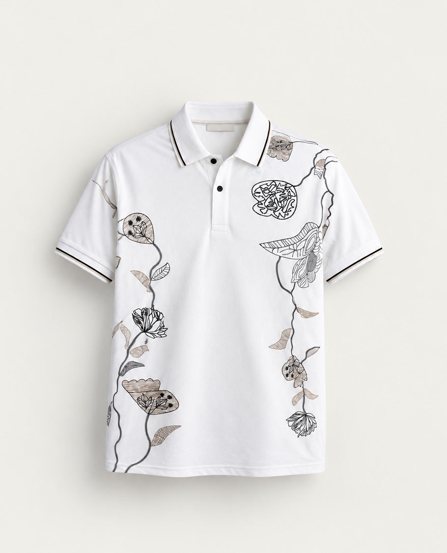 Off white colour Tshirt featuring Collar neck, Thread work on body and Half sleeve.