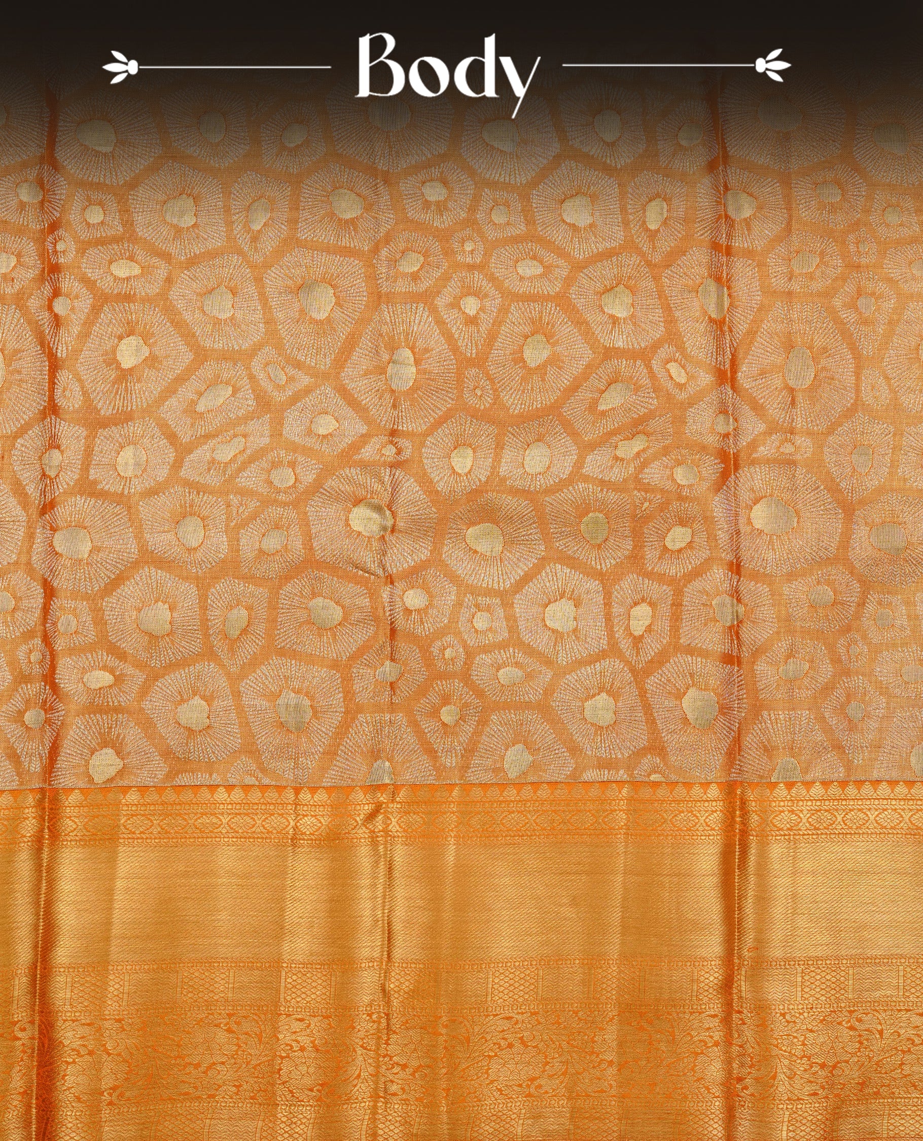 Orange & Gold double shade colour Tissue silk saree featuring gold motifs on body, complemented by self colour with Gold Zari border, comes with matching blouse piece.