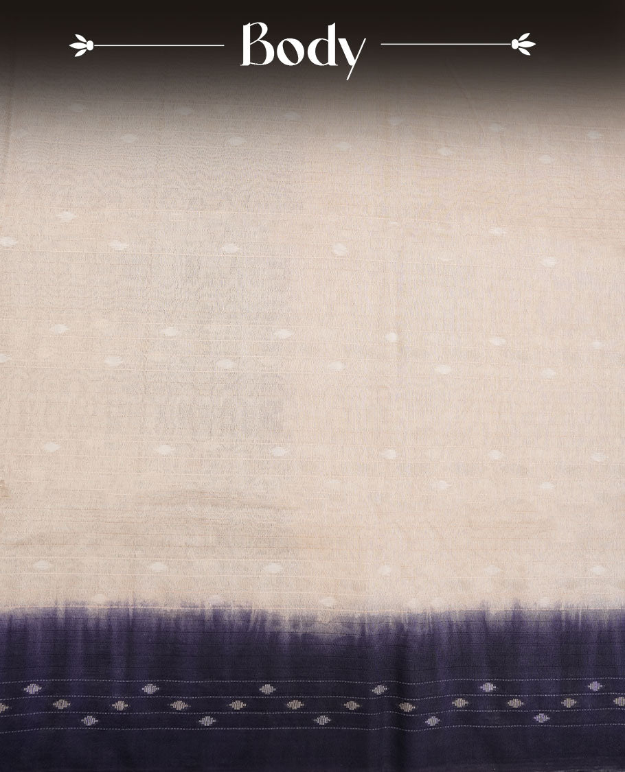 Cream & Dark blue dye pattern colour semi jute saree highlighting white stripped body, without border and paired with matching blouse.