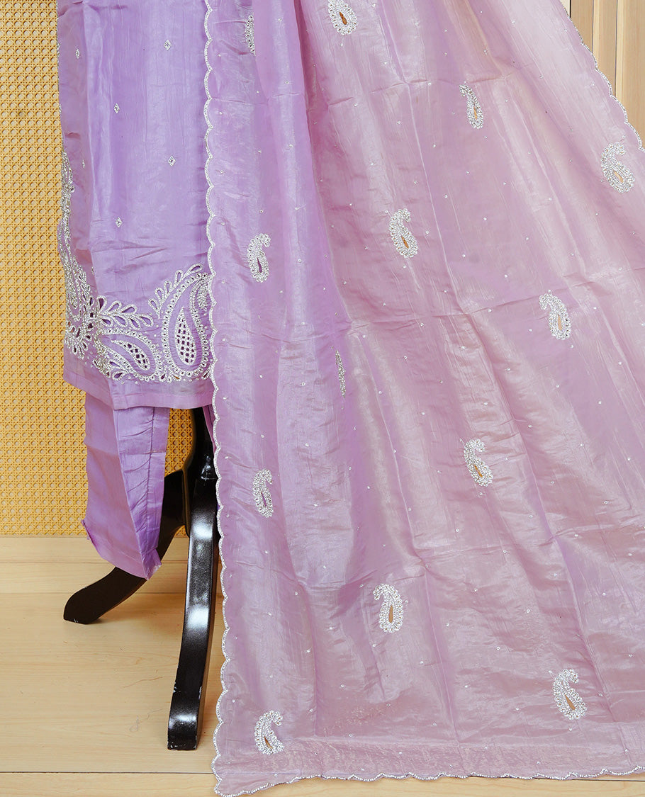 Lavender Colour churidar set with silver-tone thread, bead and sequin embroidery on the V-neckline and sleeve cuffs, subtle buti detailing, a matching embroidered paisley dupatta, and solid pants.