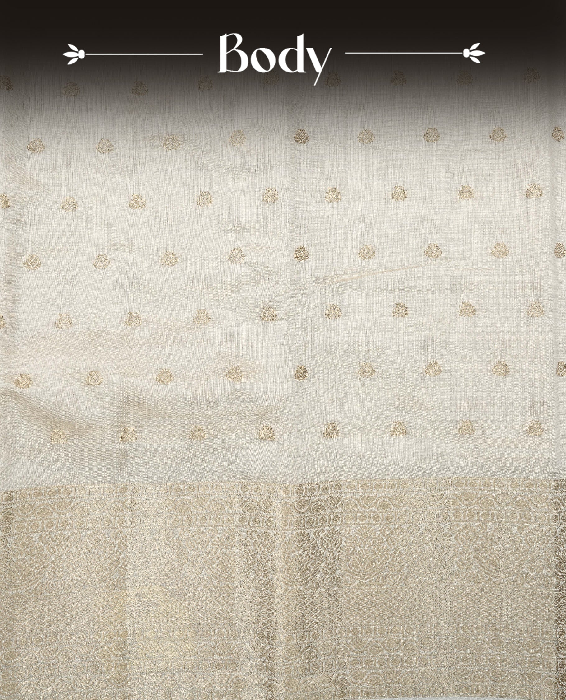 Off white gold Tussar saree featuring Gold zari buttas on body, complemented by self colour with traditional border, comes with matching blouse piece.