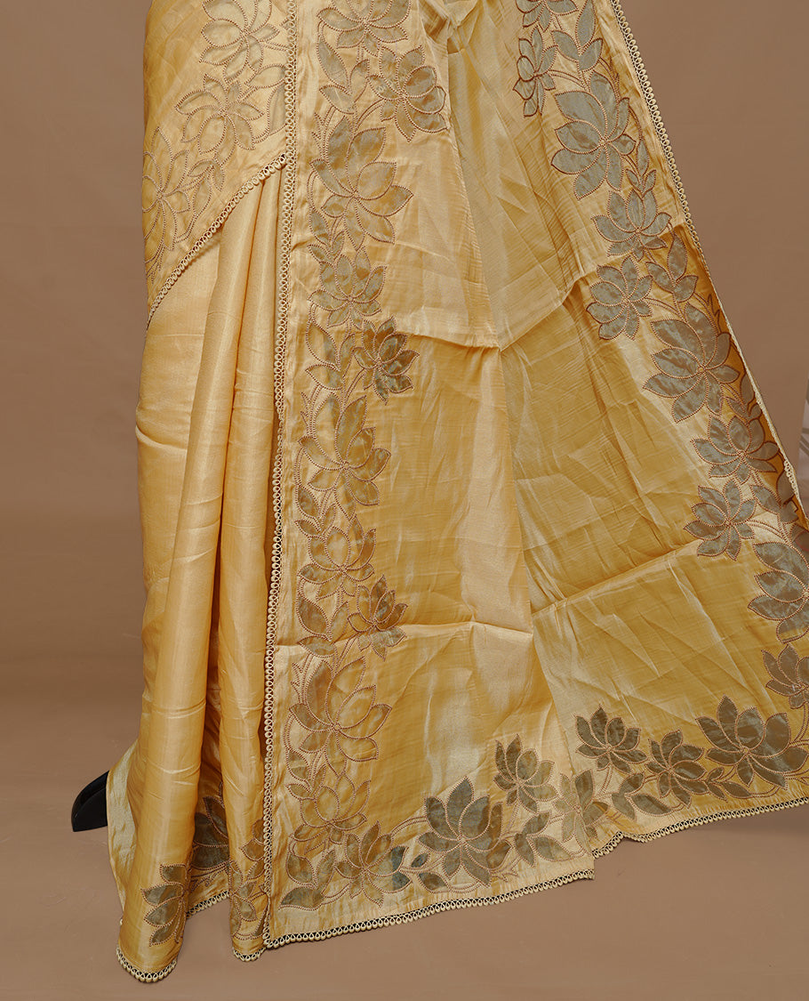 Pastel Yellow colour Designer saree Featuring Elegant plain body, enhance with thread Lotus Pattern with lace border, paired with matching blouse piece.