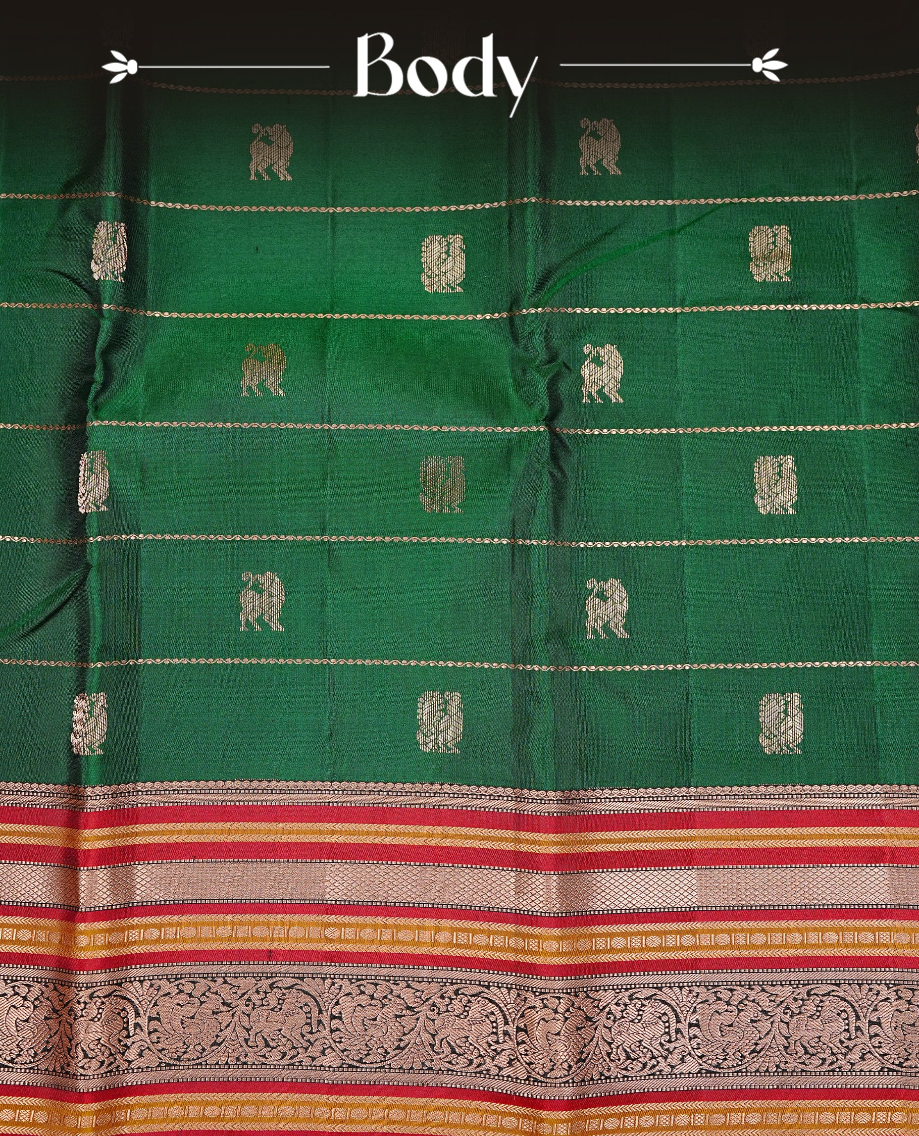 Green colour Kancheepuram silk saree featuring Gold Zari Peacock & stripes on body, enrich Gold Zari with Red, mustard on contrast black border, paired with a Matching blouse piece.
