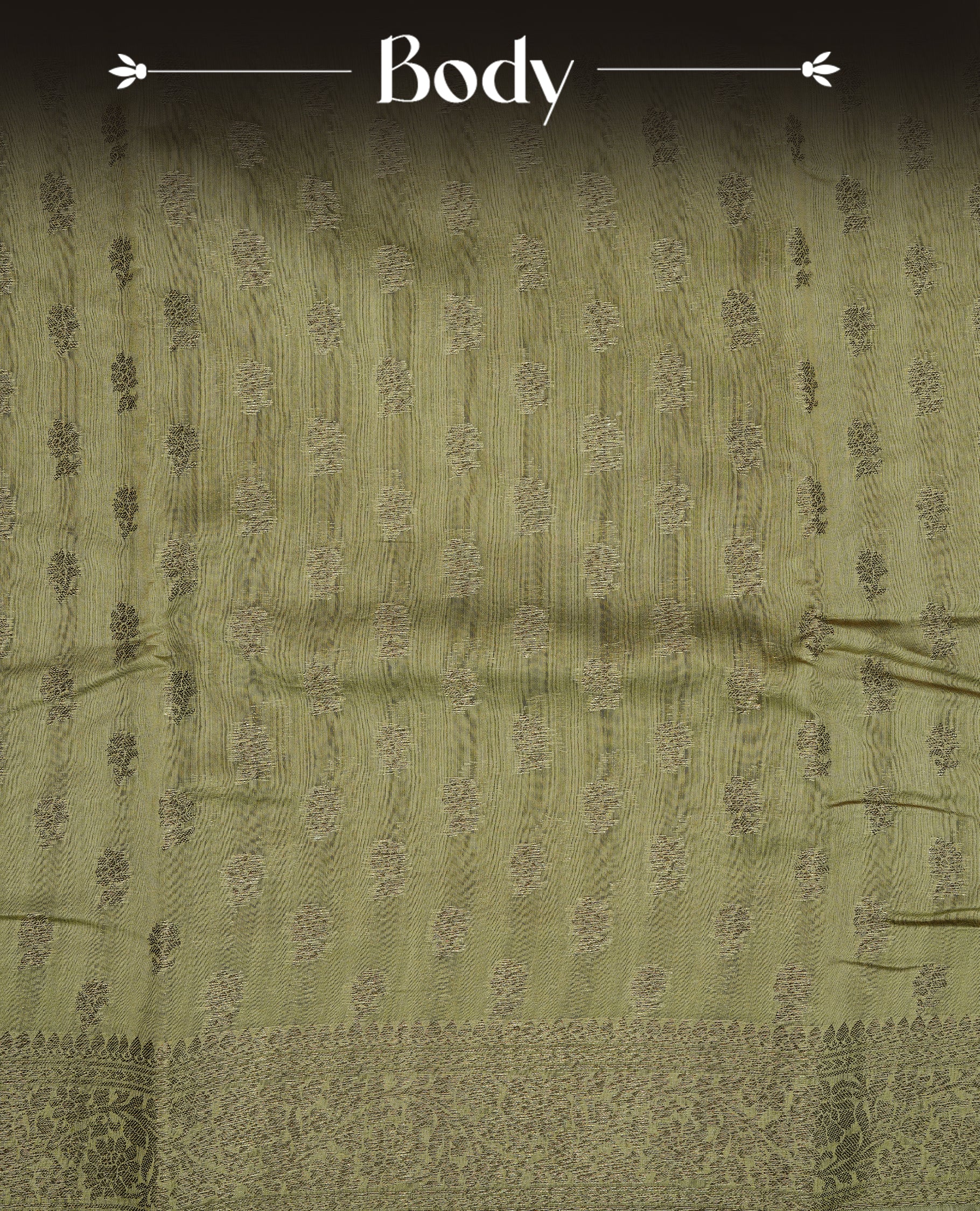 Olive colour semi tussar silk saree featuring elegant Antique zari motifs across the body, designed with a subtle borderless zari finish for a sophisticated traditional look. Paired with a matching blouse piece.