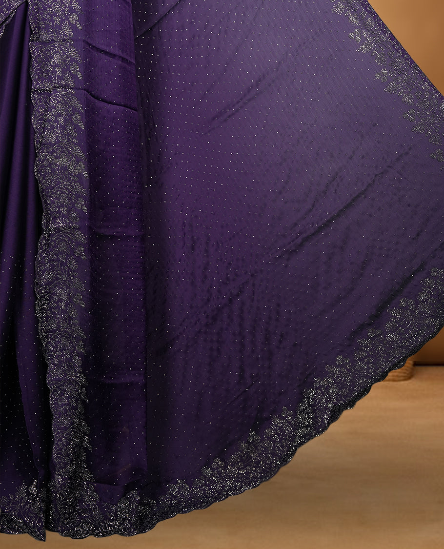 Dark Purple Colour Chiffon Designer Saree featuring Delicate White Stone Work All Over the Body, with Stone Detailing on the Border and Pallu, paired with a Matching Blouse.