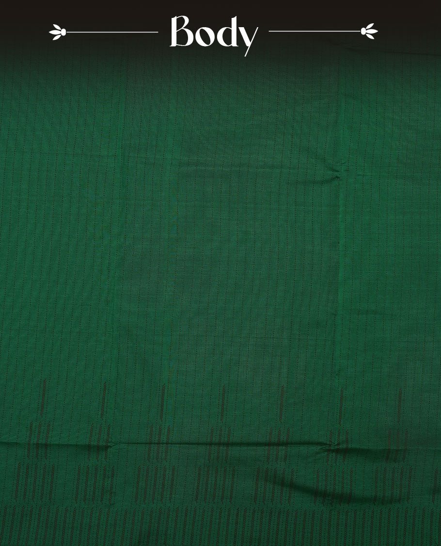 Dark Green colour poly cotton saree with black vertical dotted line pattern on the body, paired with a matching pallu featuring black zigzag geometric border, and a coordinated all‑over black stylised fleur‑de‑lis printed blouse piece.