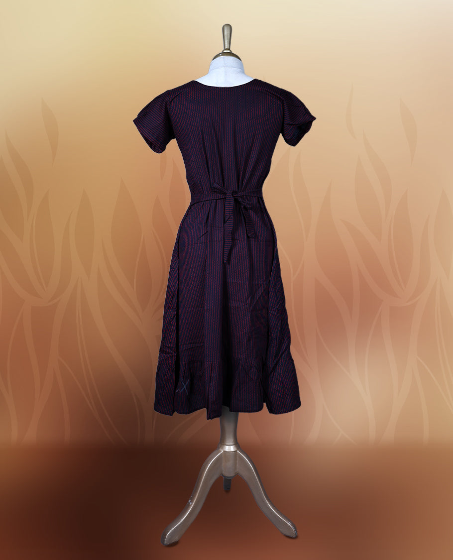 Dark blue colour nightwear with subtle stripes, featuring a flattering V neck and short sleeves, The flared hem adds charm, making it a perfect blend of elegance and comfort for any occasion.