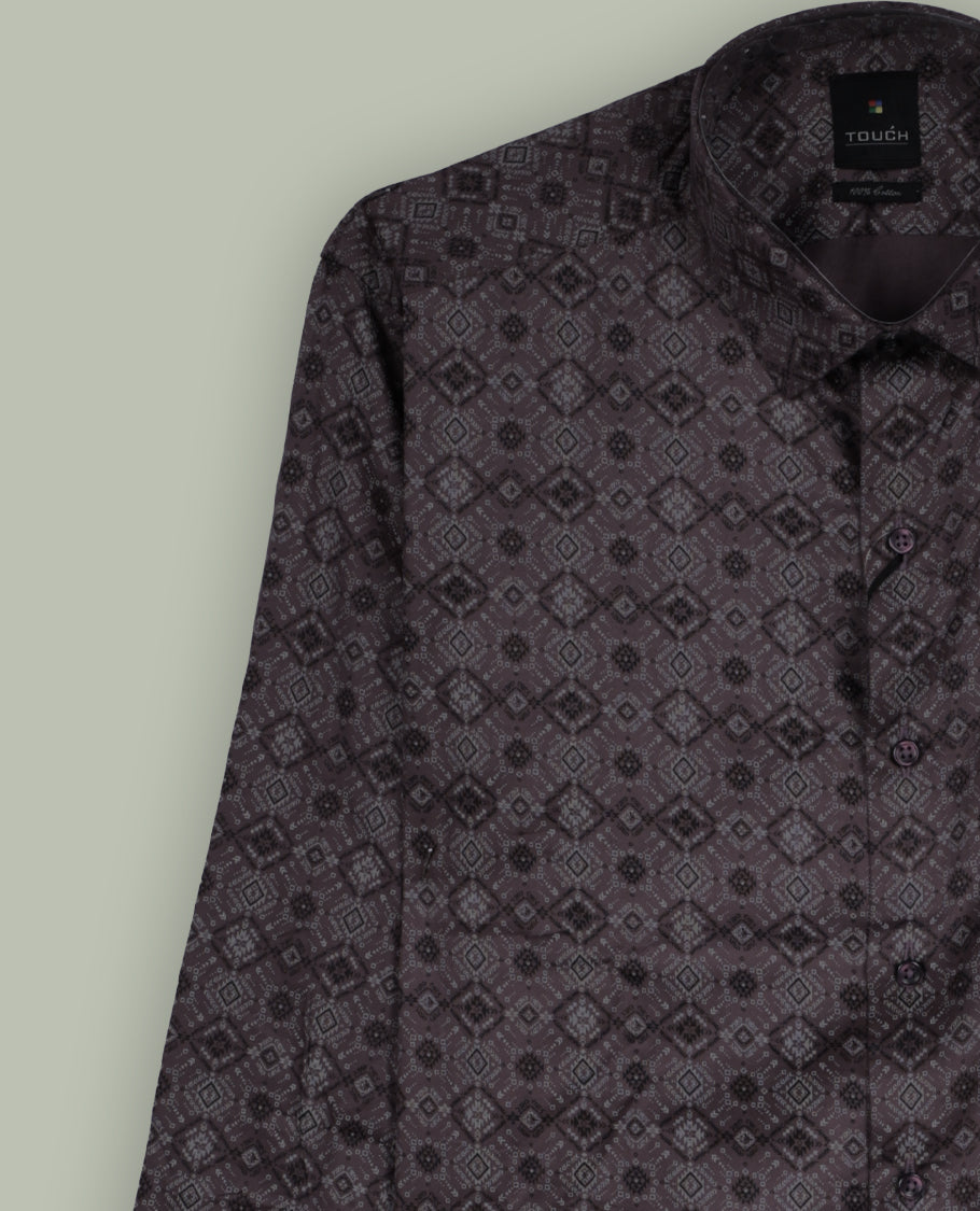 Mauve colour patterned long sleeve shirt featuring an intricate geometric print, Made from smooth, lightweight fabric with a subtle sheen. Includes a classic collar and button down front.