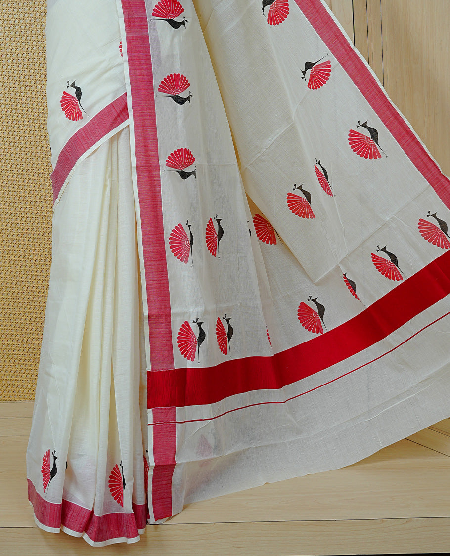 Cream colour Cotton Kerala saree Featuring Classy Plain body for Effortless Elegance, enhancing Red with Peacock Printed border, paired with matching blouse piece.