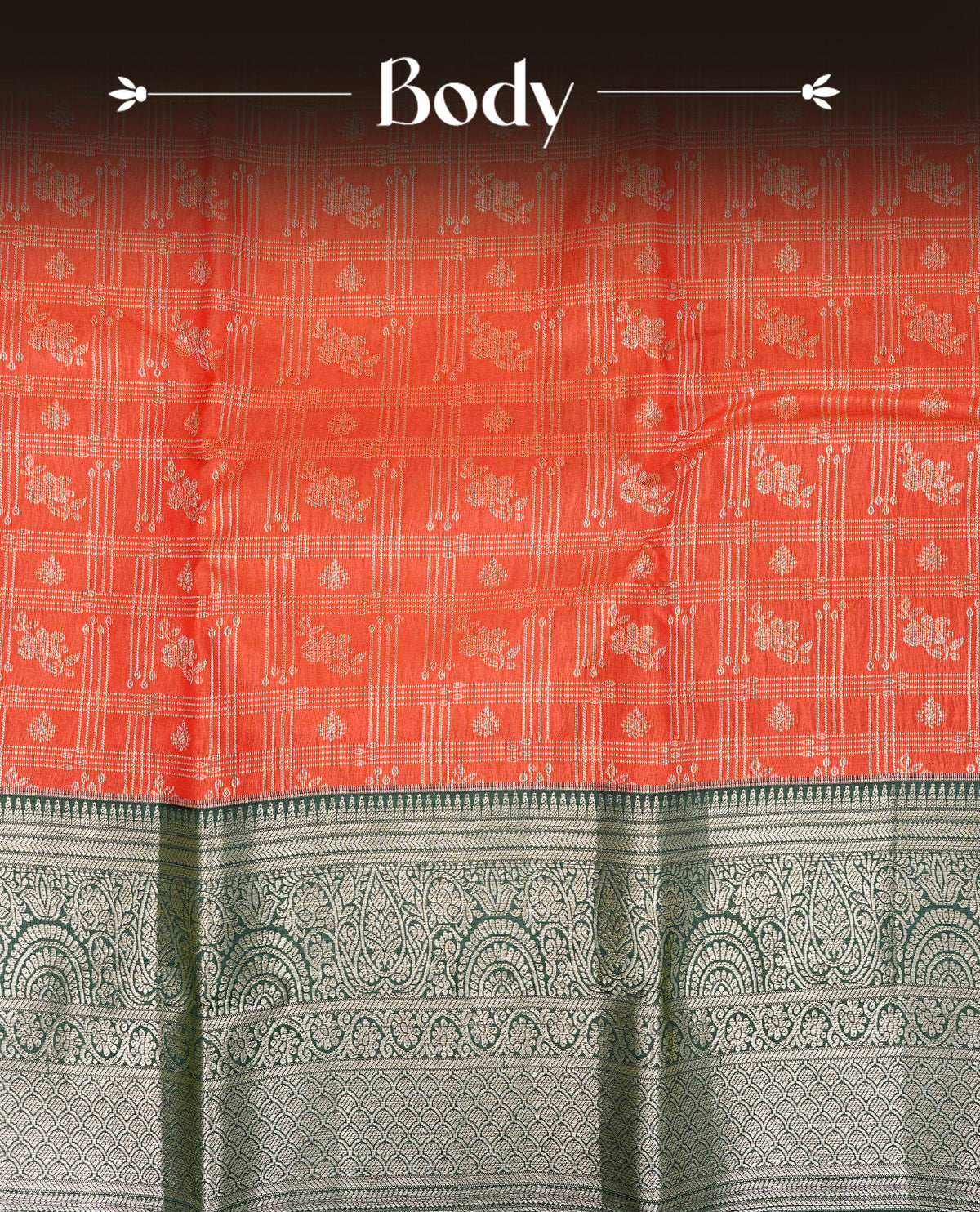 Reddish orange colour semi wedding silk saree featuring gold zari checks with motifs on body,contrast green colour with traditional border on body,rich pallu comes with matching blouse piece