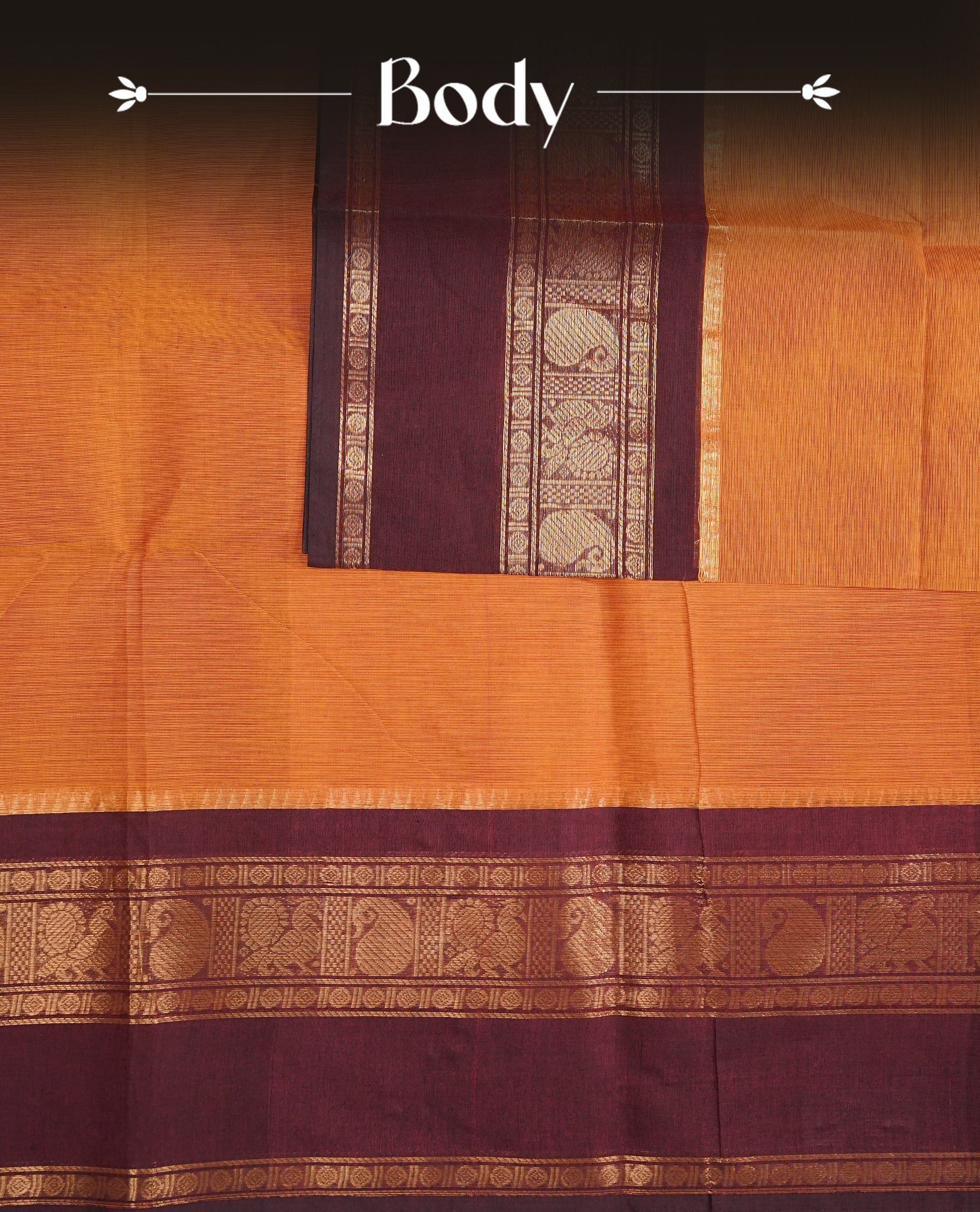 Mustard Orange Colour Chettinad Cotton Saree Featuring a Plain Body ,complemented by Contrast Maroon Colour With Gold Zari border, paired with matching blouse piece.