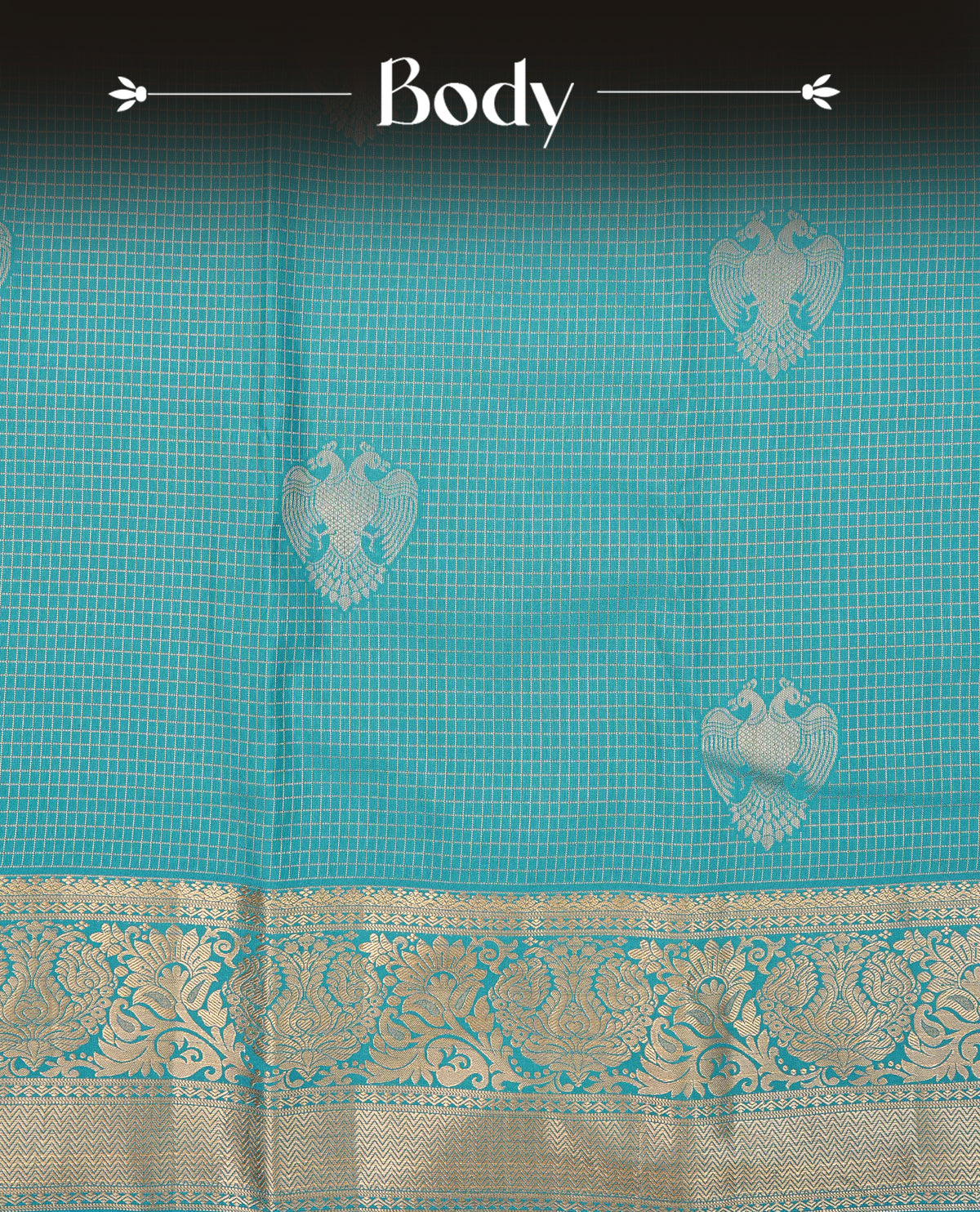 Sky blue colour semi wedding saree featuring gold zari check with motifs on body complemented by Self colour with traditional border, comes with matching blouse piece.