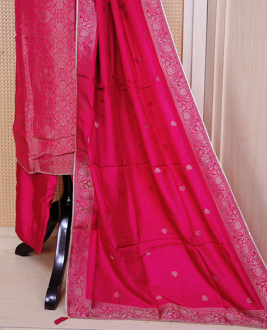 Rani Pink colour churidar set featuring an all-over woven floral pattern and an intricately embellished neckline, paired with matching dupatta & solid pants