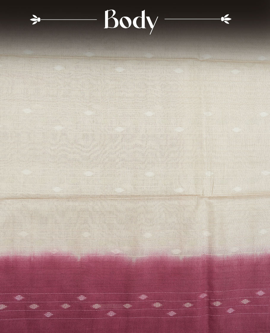 Cream & Maroon dye pattern colour semi jute saree highlighting white stripped body, without border and paired with matching blouse.