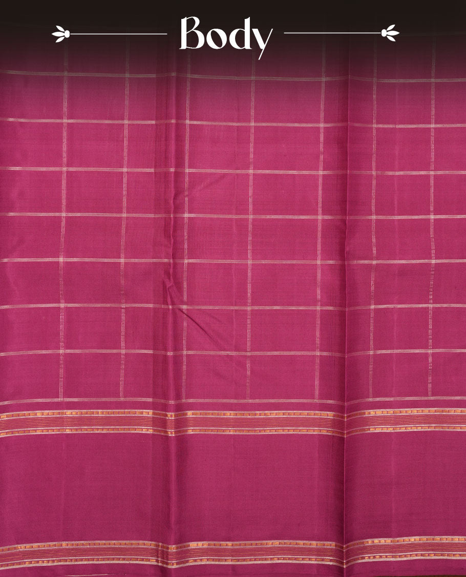 Twilight Magenta colour pure traditional Kancheepuram silk saree adorned with an elegant zari check pattern across the body, complemented by a simple zari woven border, paired with a matching blouse piece.
