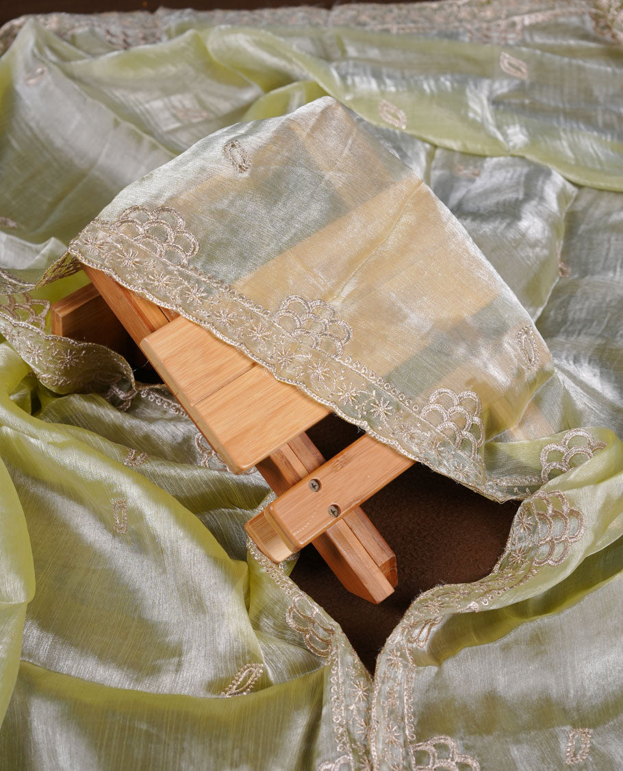 Powder green colour churidar set with stone and thread embroidery and detailing, paired with matching pant and dupatta.