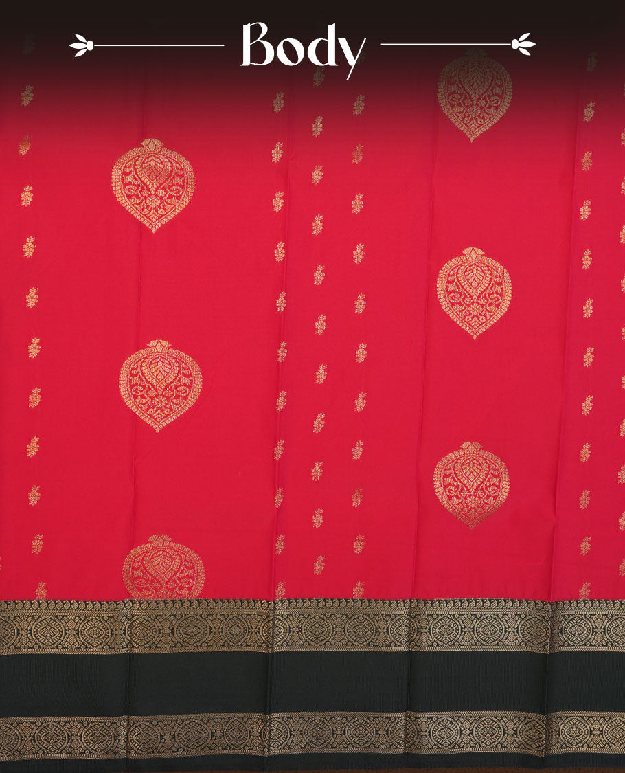 Red colour semi silk saree highlighting gold zari check motifs across body, featuring contrast Dark green colour border with gold zari pattern, comes with matching blouse .