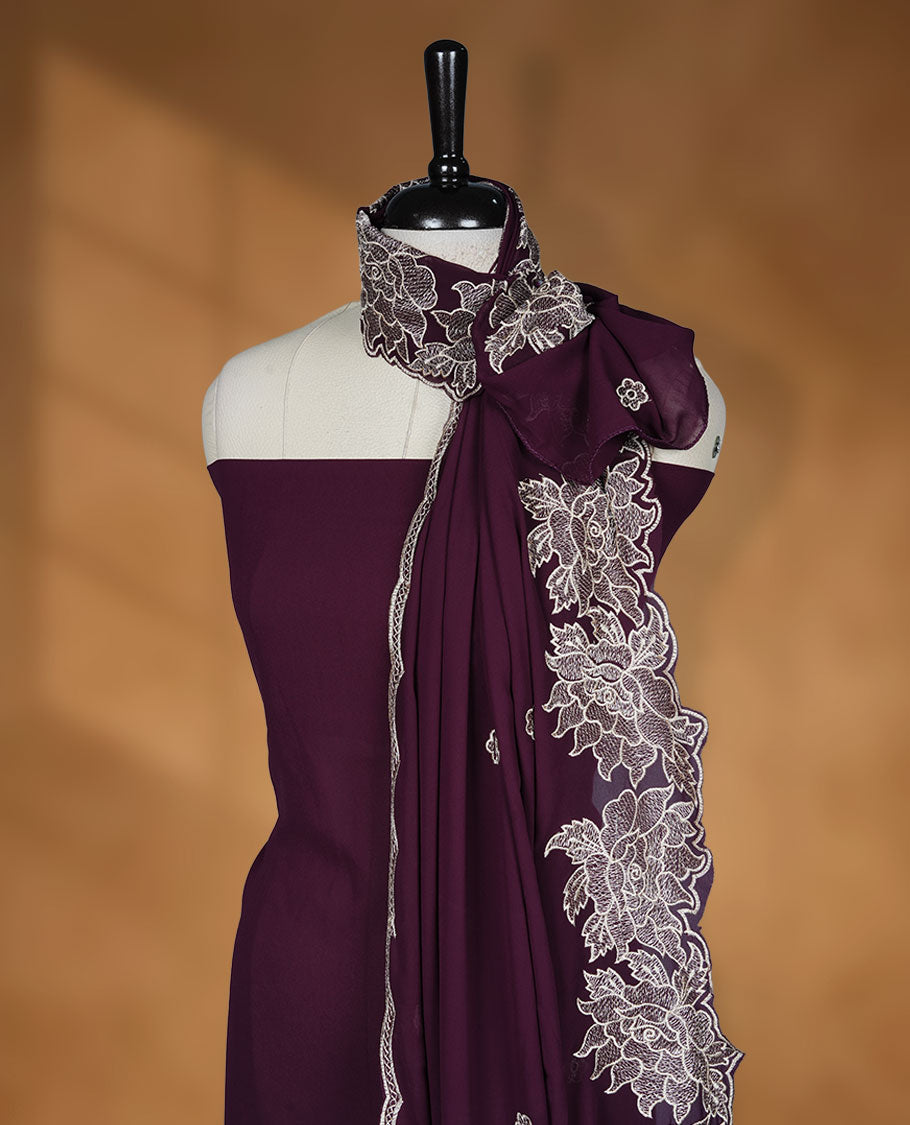 Rich wine colour georgette salwar material with elegant thread work on the body, paired with a flowy dupatta featuring delicate detailing