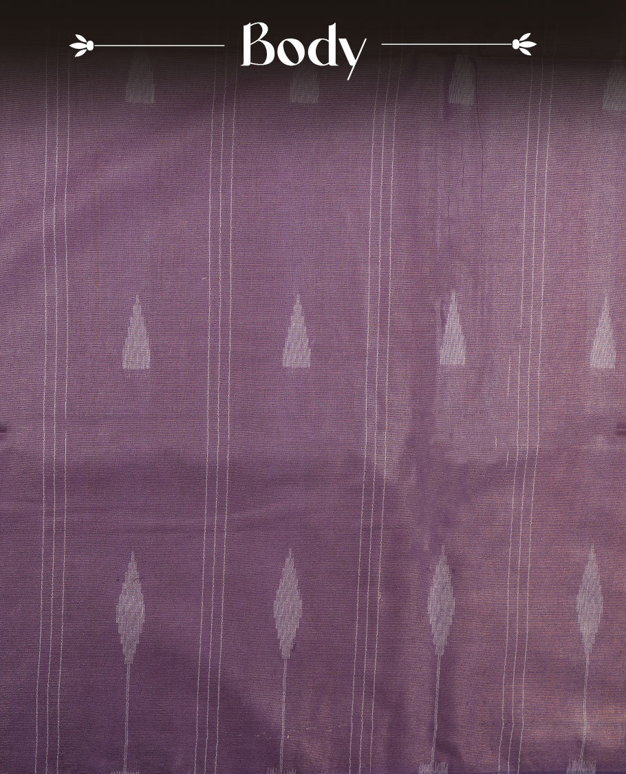 Purple colour semi jute saree highlighting gold zari stripped body with white motifs, without border and paired with matching blouse.