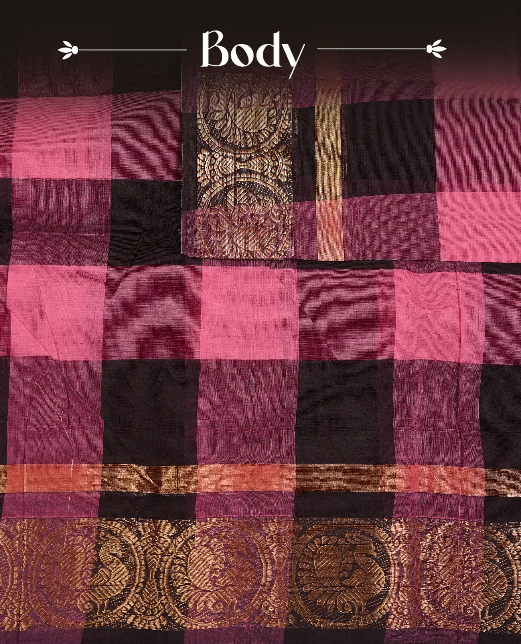 Pink & Purple colour chettinad cotton saree featuring check pattern on body, complemented by Self Colour with gold zari border, comes with matching blouse piece.