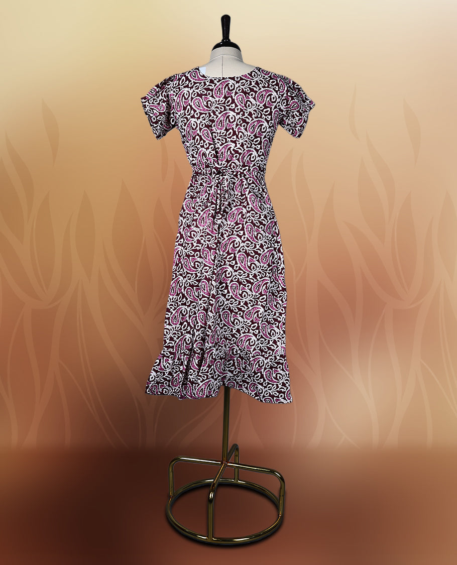 Chic printed nightwear featuring a deep grape colour and white paisley design, V neckline and short sleeves offer comfort, while the flared hem adds grace & Perfect for everyday wear or semi casual occasions.