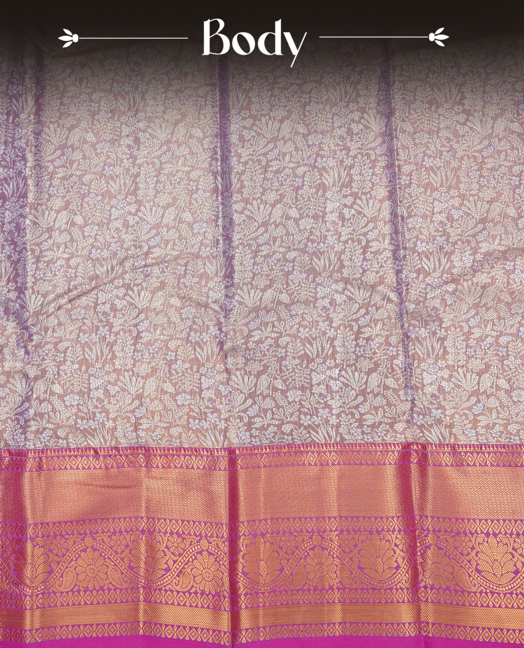 Purple & gold colour Double shade Semi tissue silk saree featuring Gold & silver kodi with Pattern on body, Contrast Magenta colour with traditional border, paired with matching.