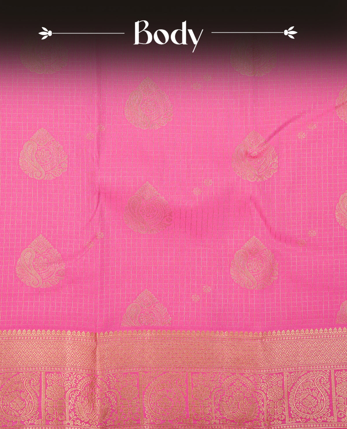 Magenta colour semi wedding saree featuring gold zari check with motifs on body complemented by Self colour with traditional border, comes with matching blouse piece.