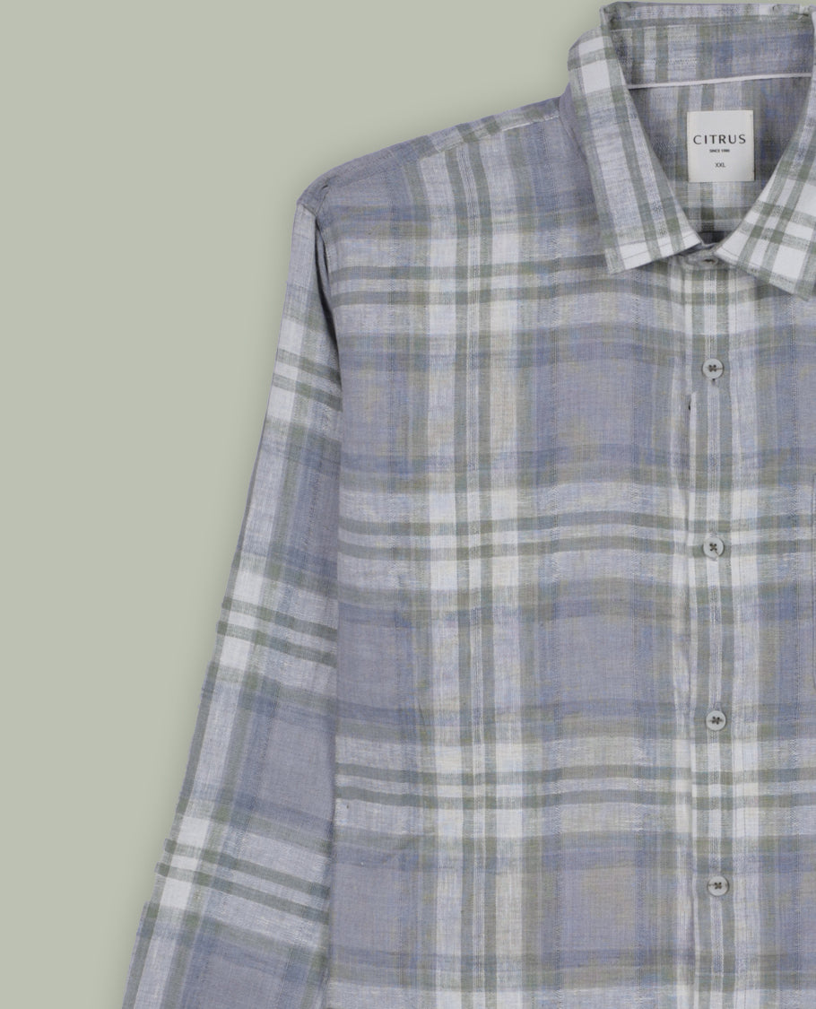Blue & Green colour checked cotton shirt featuring soft white highlights, a classic collar, and full sleeves, Perfect for a smart-casual look that balances comfort and timeless style.