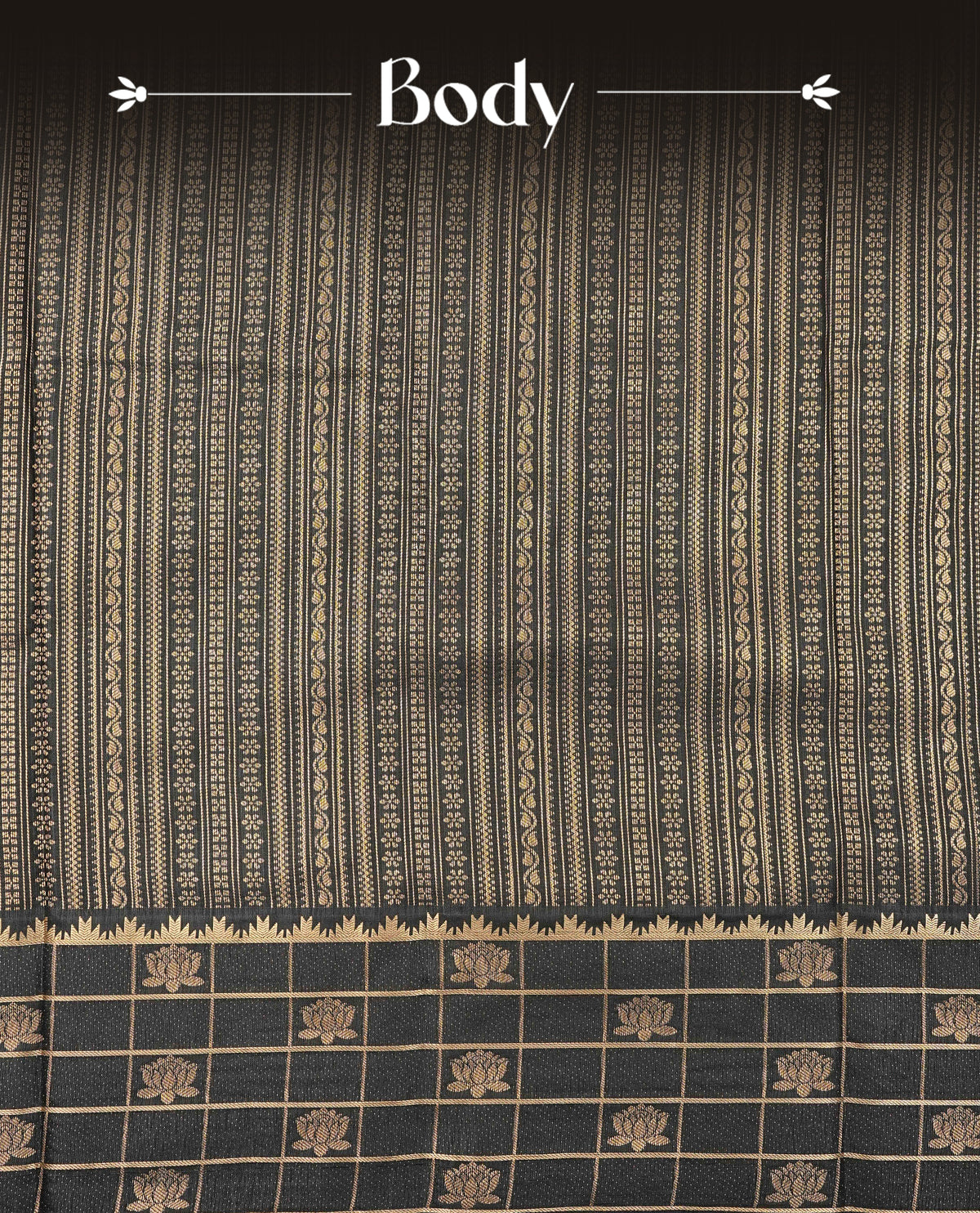 Black colour semi wedding saree featuring light gold zari desinged strips across the body, complemented by self colour with check with lotus traditional border. Comes with a matching blouse piece.