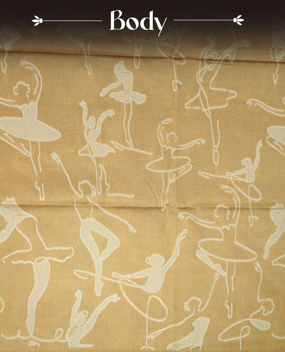 Mustard colour semi tussar silk saree, featuring an intricate white dancing women motif on the body and pallu with gold zari , comes with matching blouse.