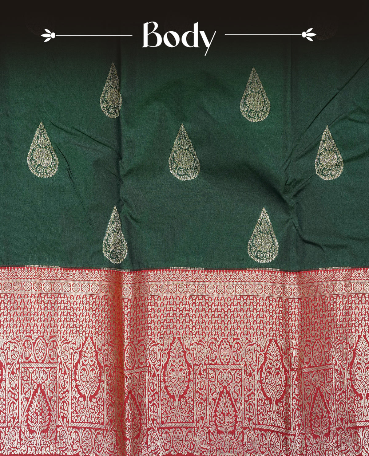 Bottle green colour semi wedding silk saree featuring light gold zari mango motifs on body, contrast maroon traditional border on body, rich pallu comes with matching blouse piece