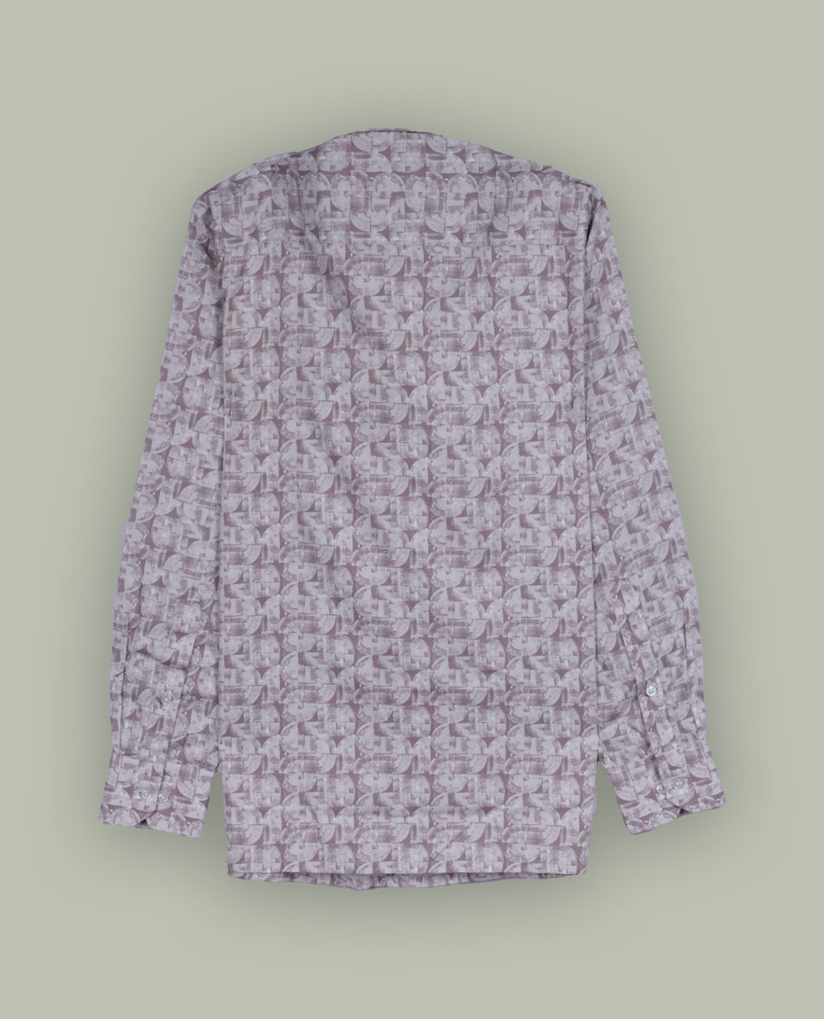 Soft mauve colour full sleeve shirt featuring an all over abstract geometric print for a modern, stylish appeal, Designed with a classic collar and button down front, perfect for smart casual outings.