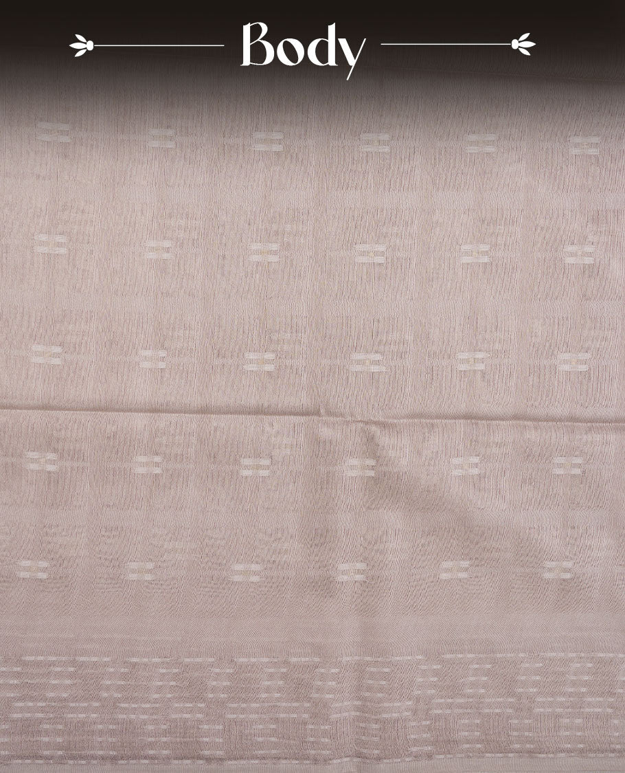 Cream colour semi jute saree highlighting white thread motifs on body, without border and paired with matching blouse.