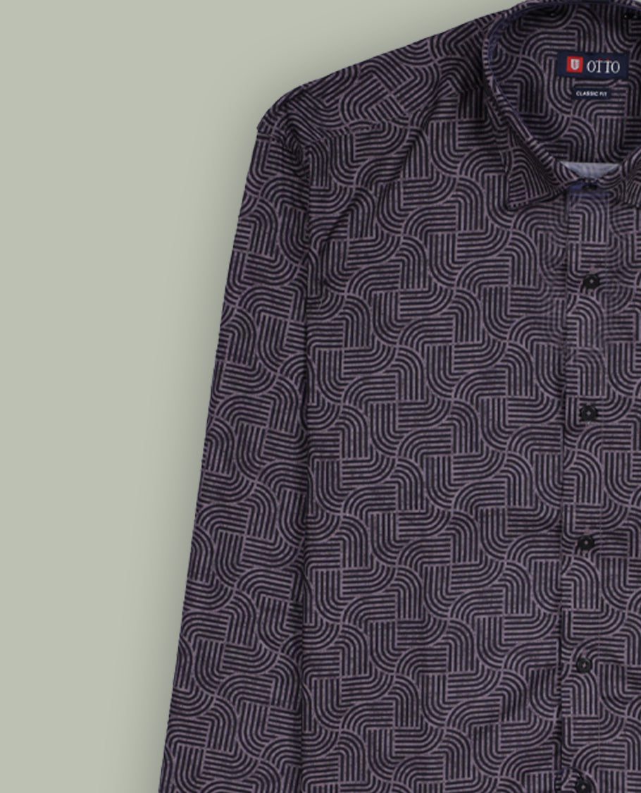 Dark purple colour shirt with a geometric pattern, featuring a classic spread collar and full sleeves, Made from premium fabric for comfort and durability.