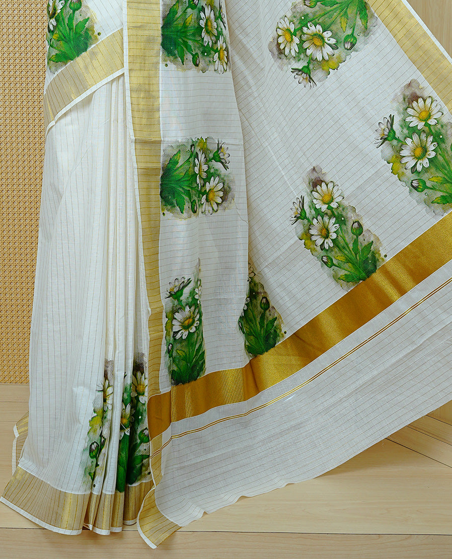 Cream Colour Cotton Kerala Saree Featuring A Light Gold Zari Pattern And Floral Prints On The Body, Enhanced By A Traditional Zari Border And Pallu, Paired With A Matching Blouse Piece