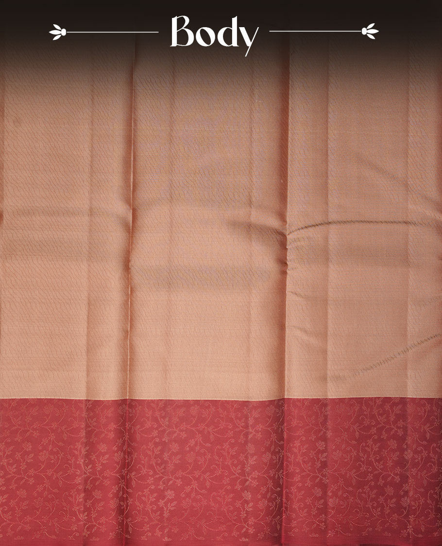 Beige colour soft silk saree featuring zari pattern on body, complemented by contrast brown zari patterned border, and paired with matching blouse piece.