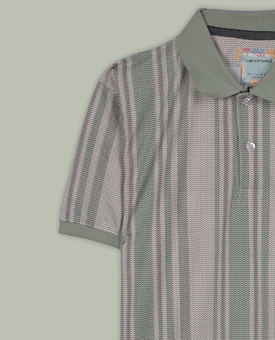 Sage green colour polo T shirt featuring a vertical striped pattern in beige, white, and grey, designed with a classic polo collar and short sleeves & made from soft breathable fabric for a relaxed and stylish everyday look.