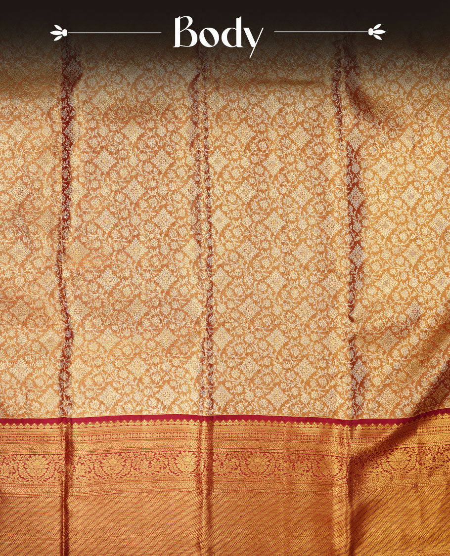 Gold & Maroon double shade colour kancheepuram tissue silk saree featuring gold zari floral kodi pattern on body, complemented by contrast maroon colour with traditional border, paired with matching blouse piece.