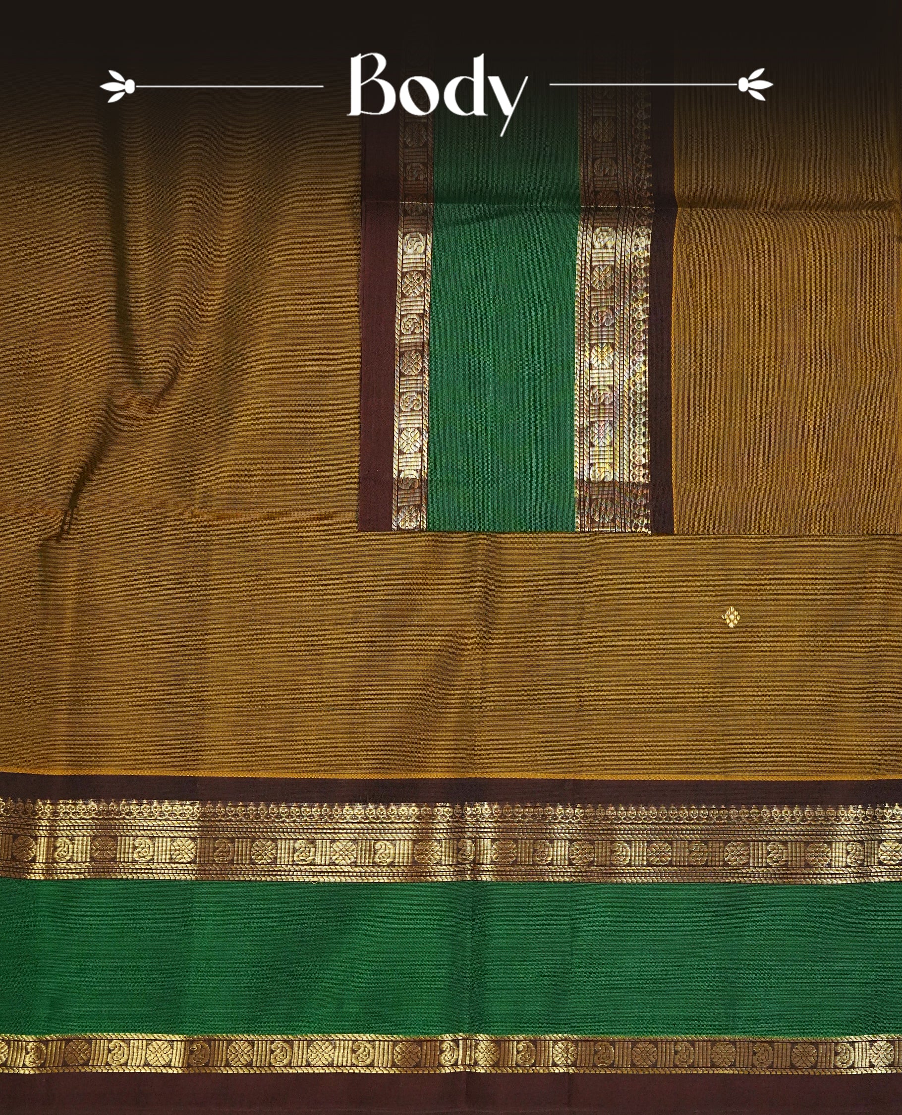 Olive colour chettinad cotton saree featuring Elegant plain body, complemented by contrast Chocolate & green colour with gold zari border, comes with matching blouse piece.