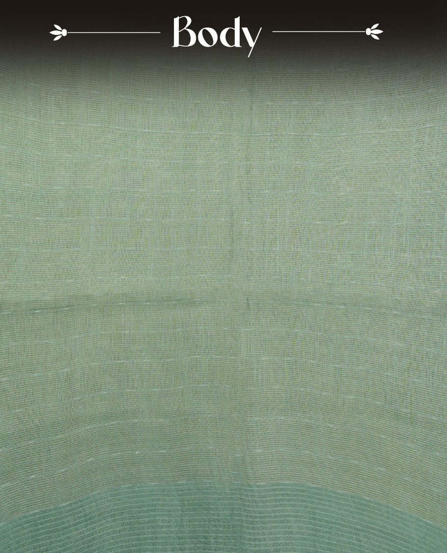 Mint colour semi jute saree highlighting gold zari striped body, without border and paired with matching blouse.