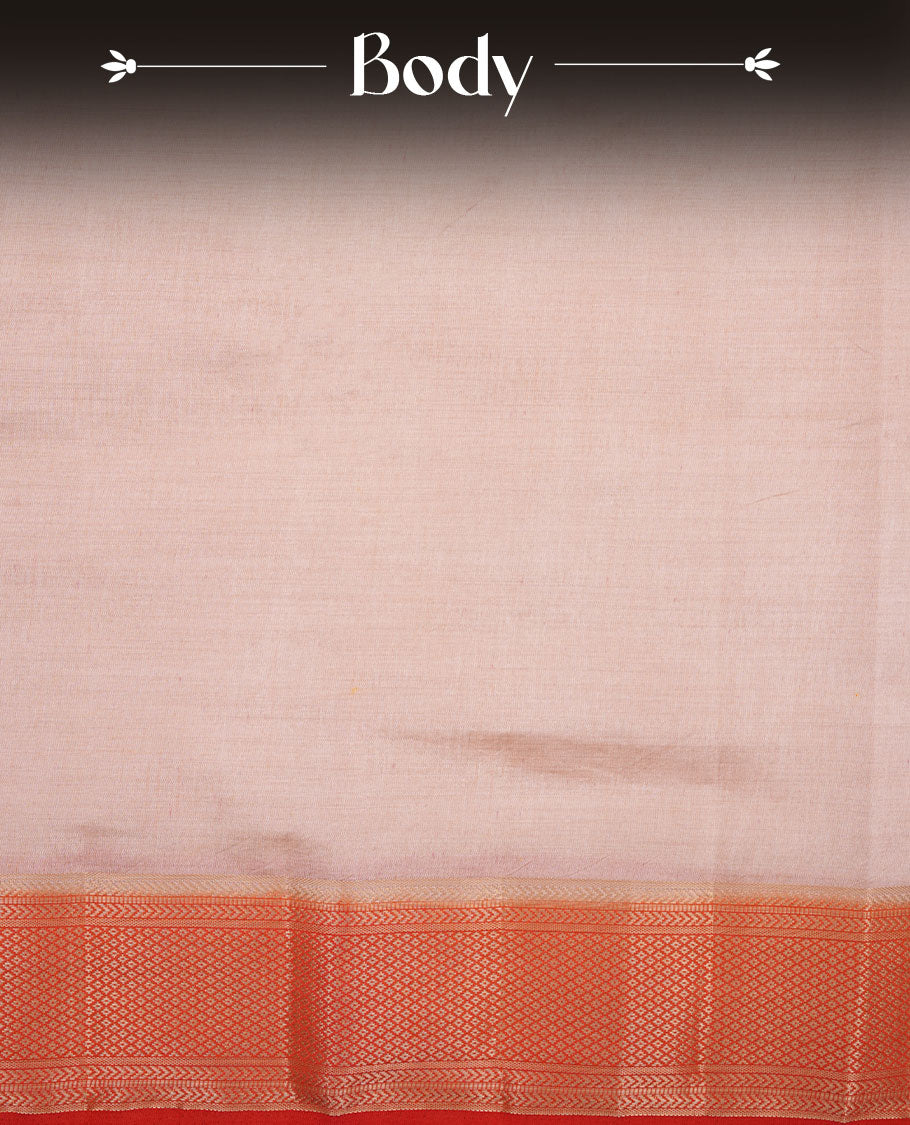 Cream colour tussar silk saree featuring elegant plain body, contrast Red colour border with gold zari, comes with matching blouse piece.