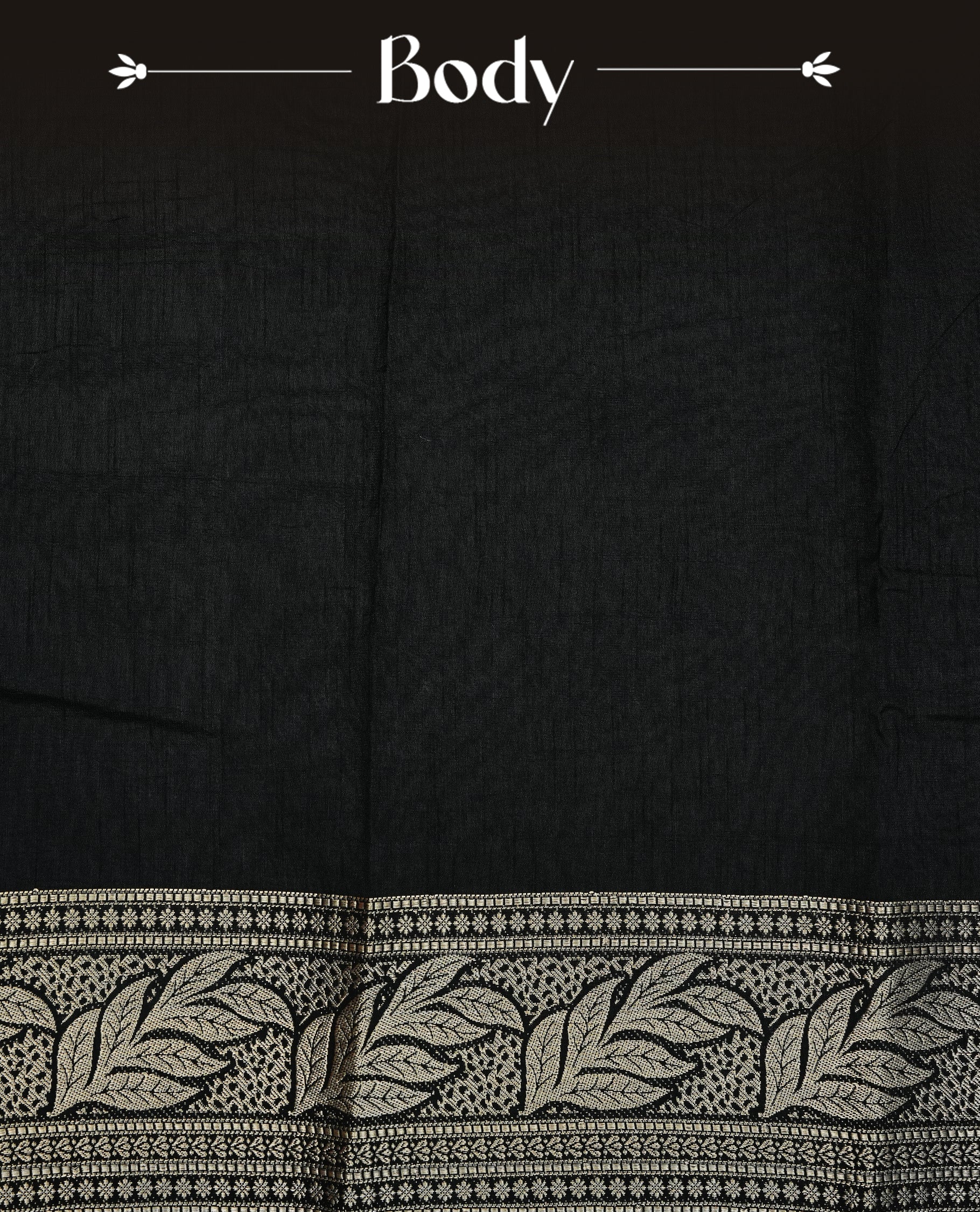 Black colour semi Tussar silk saree featuring an elegant plain body, complemented by a self colour border adorned with traditional gold zari floral kodi patterns. Comes paired with a matching blouse piece.