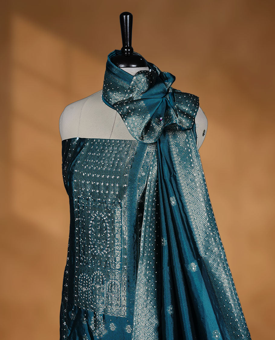 Teal colour semi silk salwar material banarasi design highlighting stone work and dupatta, matching plain bottom