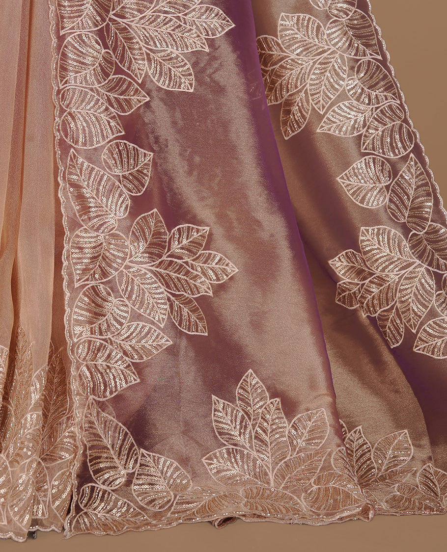 Purple & gold double shade organza saree featuring thread & cut beats, sequins leaf pattern on body, highlighting scalp border, paired with matching blouse piece.