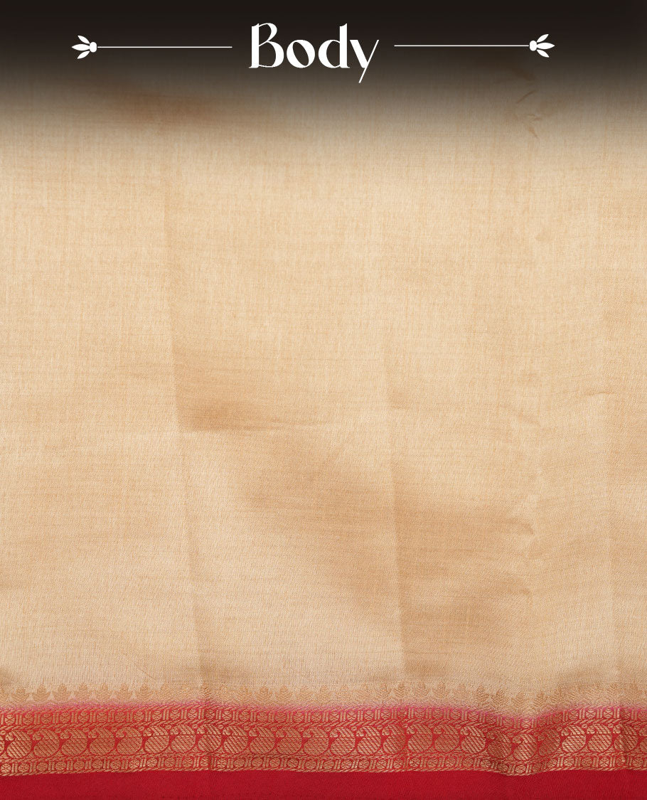 Cream colour tussar saree featuring elegant plain body, contrast Red colour gold zari border and comes with matching blouse piece.
