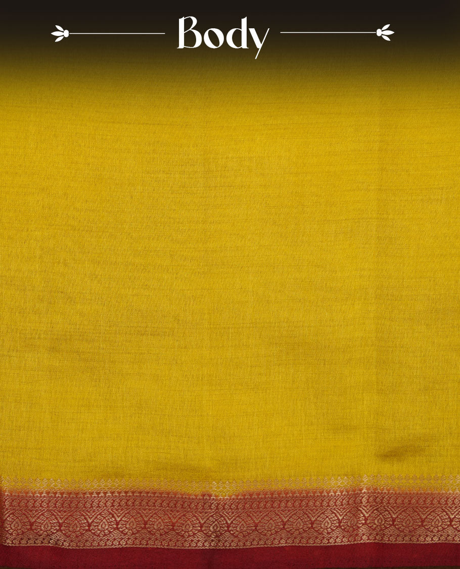 Olive colour tussar saree featuring elegant plain body, contrast Maroon colour gold zari border and comes with matching blouse piece.