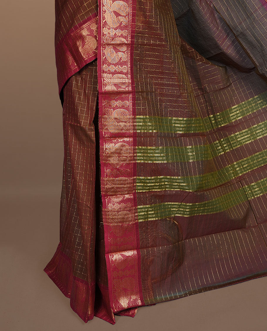 Olive brown colour sungudi cotton saree featuring gold zari check pattern across body, contrast Maroon colour with gold zari peacock and floral pattern on border, without blouse piece.