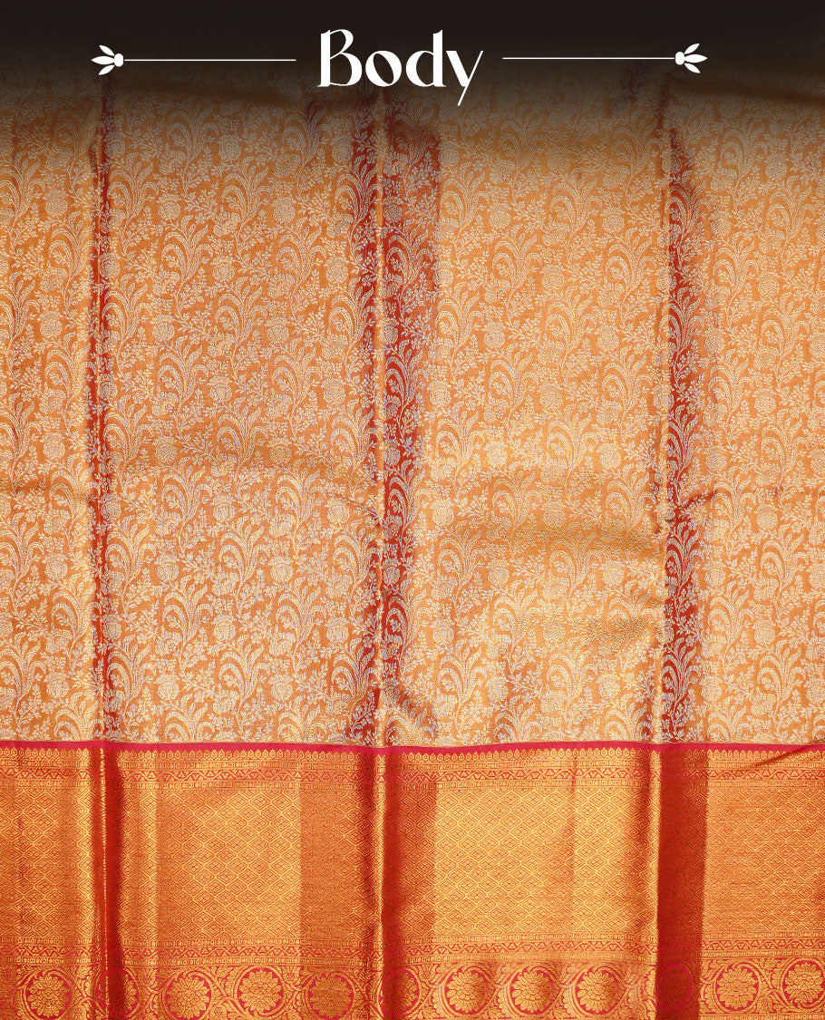 Gold & Magenta double shade colour kancheepuram tissue silk saree featuring gold zari floral kodi pattern on body, complemented by contrast magenta colour with traditional border, paired with matching blouse piece.